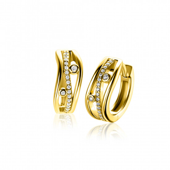 16mm ZINZI gold plated zilveren multi-look oorringen in golvend design, bezet met witte zirkonia's en luxe klapsluiting ZIO2685