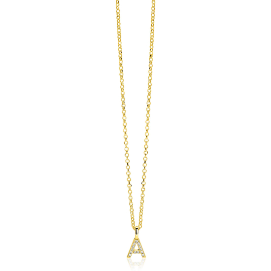 ZINZI gold plated zilveren letter hanger A bezet met witte zirkonia's ZIH2828-A (zonder ketting)