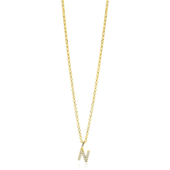 ZINZI gold plated zilveren letter hanger N bezet met witte zirkonia's ZIH2828-N (zonder ketting)
