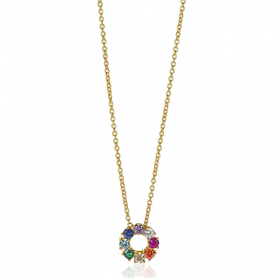 ZINZI zilveren ketting 14K geel verguld 12mm ronde hanger regenboog ZIC2172