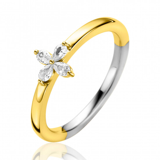 ZINZI gold plated zilveren ring met bloem (7,5mm), bezet met vier druppelvormige witte zirconia's ZIR2624C