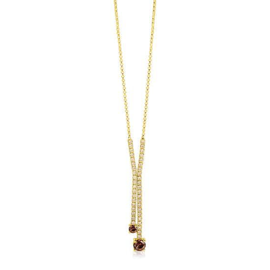 ZINZI gold plated zilveren Y-collier 45cm met luxe tennislook en champagnekleurige zirkonia's in rijzetting met twee grotere donkerbruine kleurstenen ZIC2894C