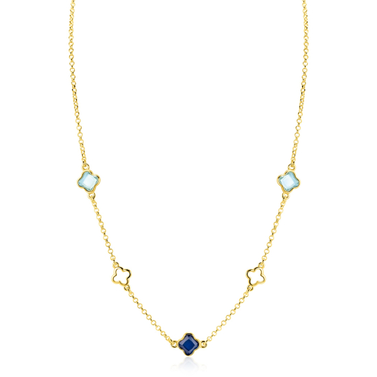 ZINZI gold plated zilveren schakelketting met twee licht blauwe klavers en een saffier blauwe klaver 40-45cm ZIC2906
