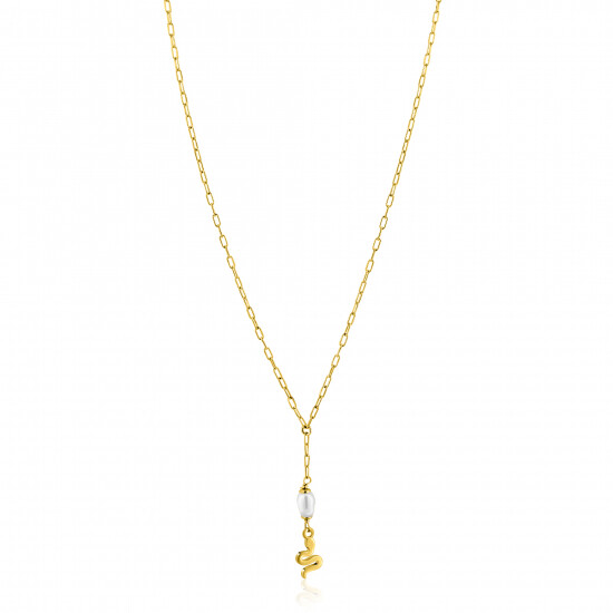 ZINZI gold plated zilveren paperclip Y-collier met witte zoetwaterparel en slang ZIC2761
