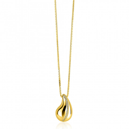 ZINZI gold plated zilveren venetiaanse ketting 45-48cm met druppelvormige hanger 20mm, golvende rij witte zirkonia's ZIC2707Y