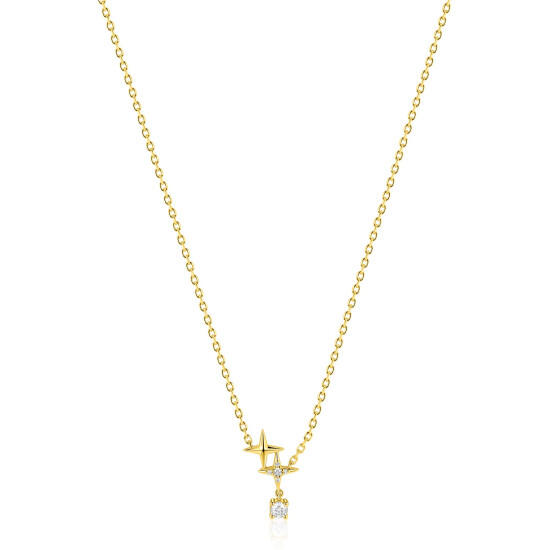 ZINZI goldplated zilveren ketting 45cm 'sterrendans' met twee speelse sterren en bungelende witte zirkonia ZIC2837