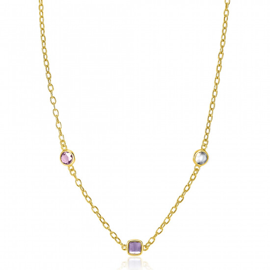 ZINZI gold plated zilveren schakelketting met ronde en vierkante zettingen pastel en paars 42-45cm ZIC2525G