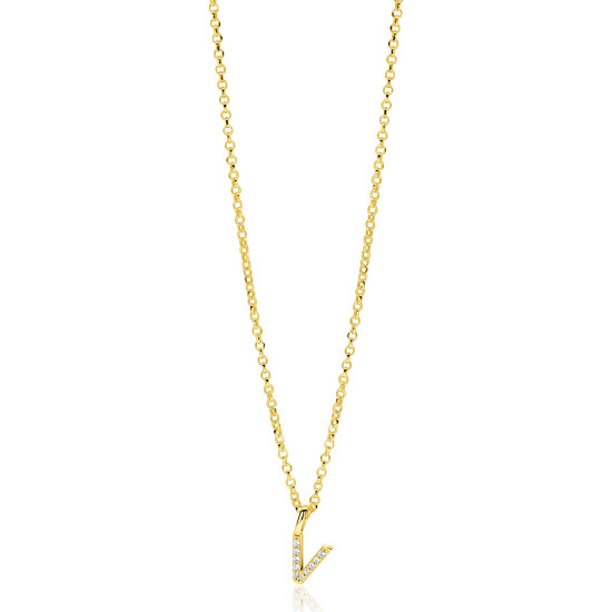 ZINZI gold plated zilveren letter hanger V bezet met witte zirkonia's ZIH2828-V (zonder ketting)