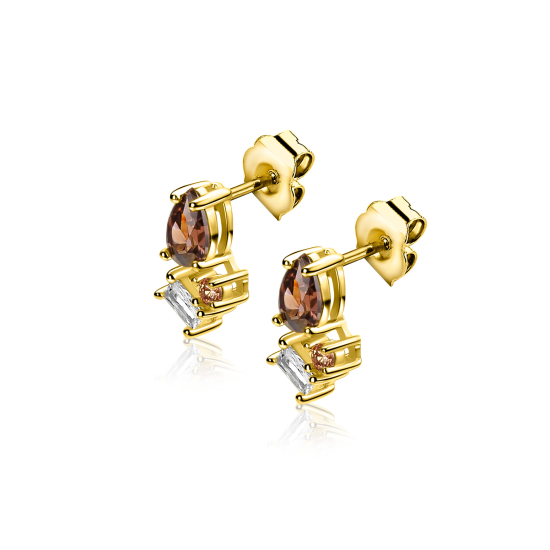 9mm ZINZI gold plated zilveren oorknoppen bezet met bruine, champagne en witte zirkonia's ZIO-BF142
