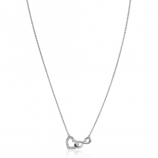 ZINZI zilveren ketting met Infinity teken verbonden met een open hart, bezet met witte zirconia's 42-45cm ZIC2596
