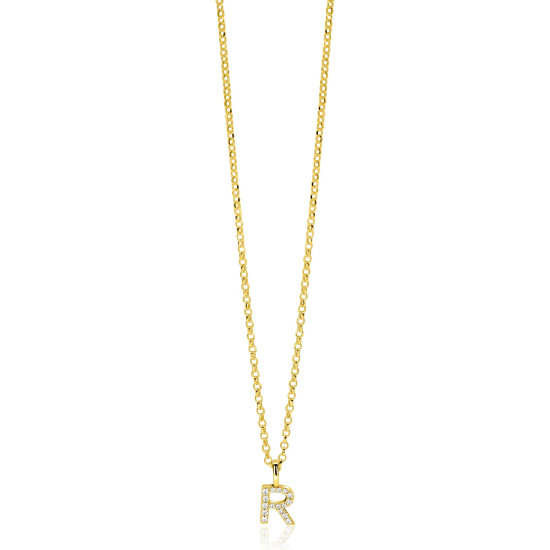 ZINZI gold plated zilveren letter hanger R bezet met witte zirkonia's ZIH2828-R (zonder ketting)