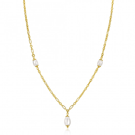 ZINZI gold plated zilveren schakelketting met drie ovale witte zoetwaterparels 40-45cm ZIC2588
