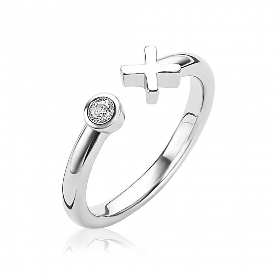 ZINZI zilveren open ring kruisje rond wit ZIR1821C