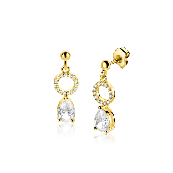 20mm ZINZI goldplated zilveren oorstekers met open rondje en peervormige zirconia ZIO2796
