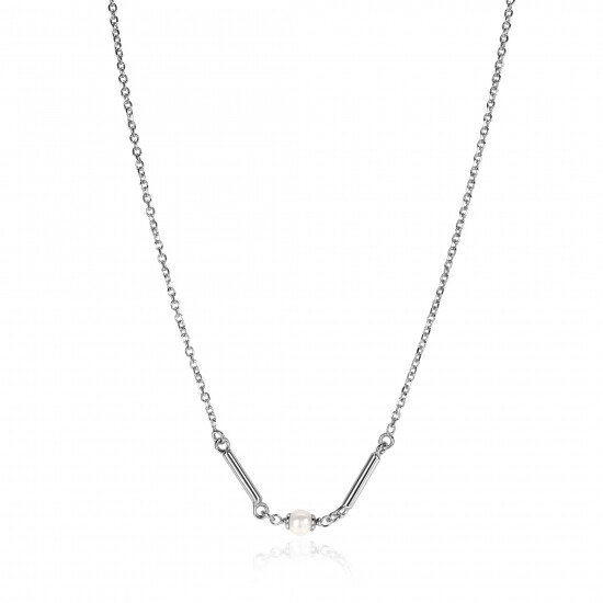 ZINZI zilveren schakel ketting met twee glanzende staafjes en witte zoetwaterparel 42-45cm ZIC-BF108