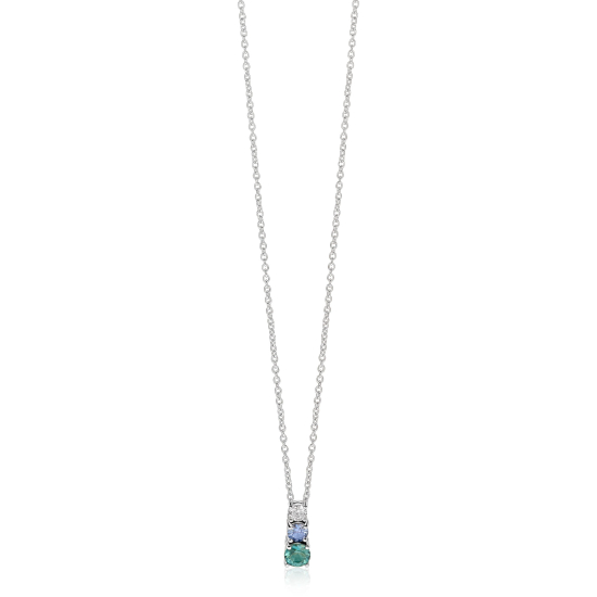 ZINZI zilveren ketting met strakke hanger bezet met witte, blauwe en petrol blauwe zirkonia's 42-45cm ZIC-BF143

