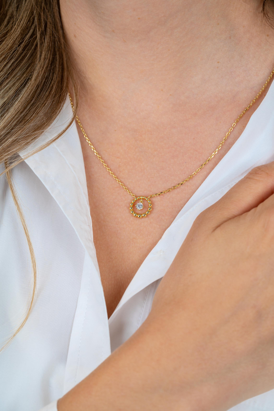 ZINZI goldplated zilveren ketting 45cm met ronde bolletjeshanger en bungelende witte zirkonia ZIC2816