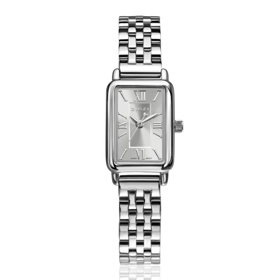 ZINZI Small Elegance horloge zilverkleurige sunray wijzerplaat en rechthoekige kast stalen schakelband 22mm extra dun ZIW2802
