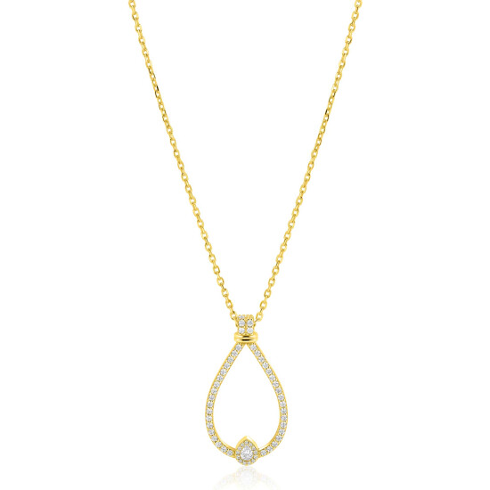 ZINZI goldplated zilveren ketting 45cm met grote sierlijke druppelvormige hanger 35mm met witte zirkonia’s ZIC2815