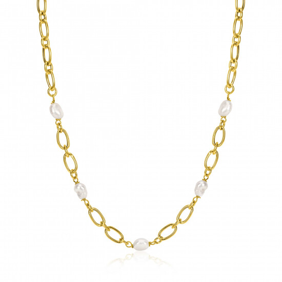 ZINZI gold plated zilveren schakel ketting met witte zoetwaterparels 49cm ZIC-BF112G