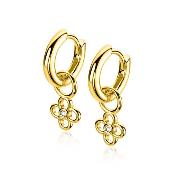 7mm ZINZI gold plated zilveren oorbedel in open klaver vier vorm, bezet met een witte zirkonia in het midden ZICH2885Y (zonder oorringen)