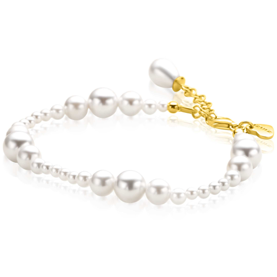 ZINZI gold plated zilveren armband met glanzende witte parels in verschillende groottes en speelse opbouw ZIA2908