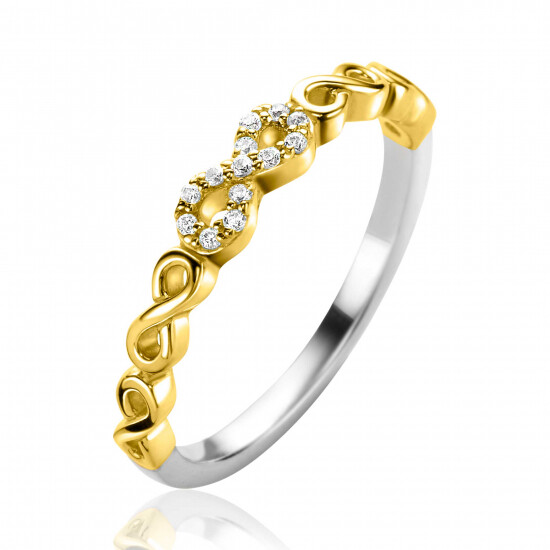 ZINZI gold plated zilveren aanschuifring met sierlijke Infinity schakels, middelste is bezet met witte zirconia's 3mm breed ZIR2591C
