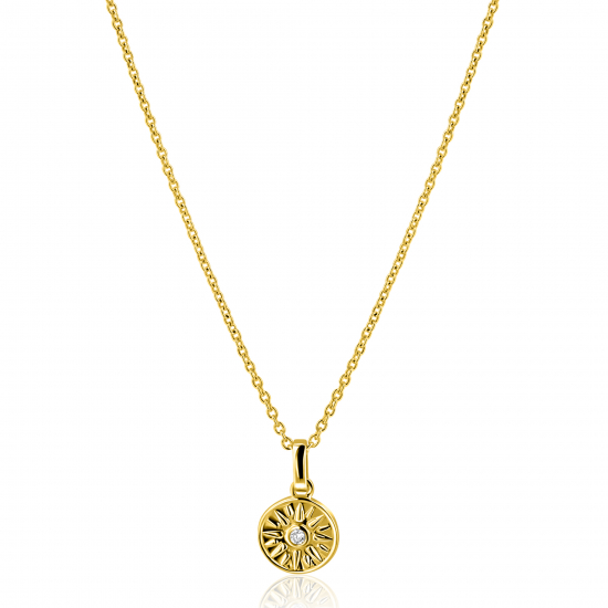 ZINZI gold plated zilveren ketting 42-45cm met zon hanger, bezet met witte zirkonia ZIC2741