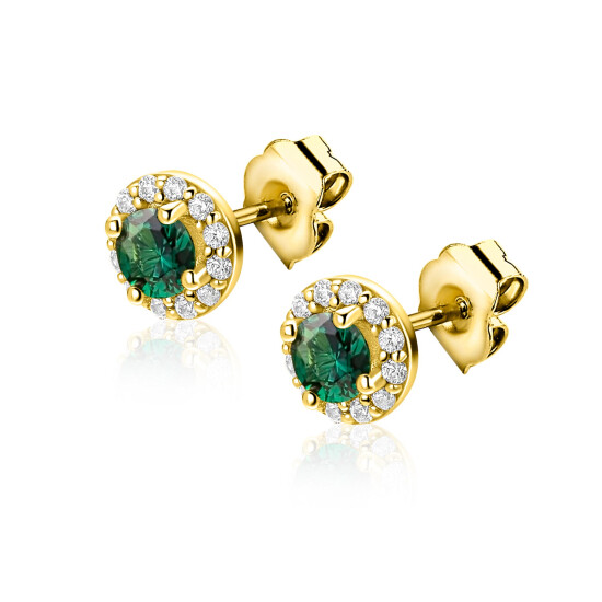 6,5mm ZINZI goldplated zilveren oorstekers met smaragdgroene kleursteen in entourage zetting ZIO2697G