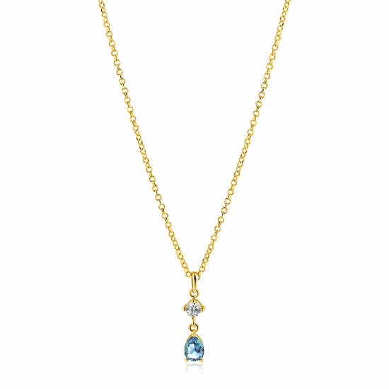 ZINZI gold plated zilveren ketting 42-45cm met luxe peervormige hanger met lichtblauwe kleursteen en witte zirkonia ZIC2744