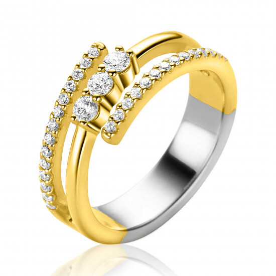 ZINZI gold plated zilveren multi-look ring (8mm breed) met 3 rijen, bezet met witte zirconia's ZIR2645YC