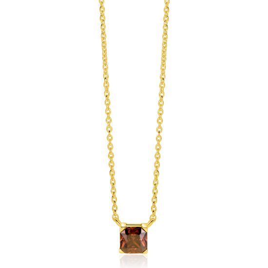 ZINZI gold plated zilveren ketting met vierkante bruine zirkonia 6mm 42-45cm ZIC-BF141
