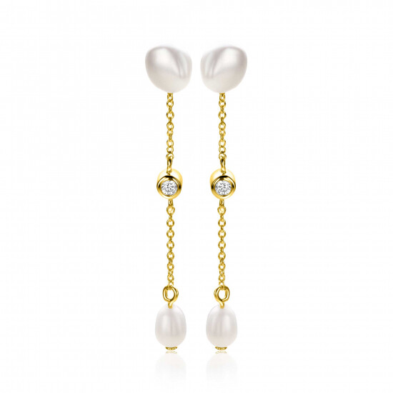 40mm ZINZI gold plated zilveren oorstekers met kettinkje en ovale witte zoetwaterparels ZIO2657