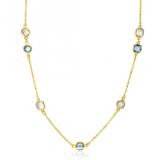ZINZI gold plated zilveren ketting met ronde en vierkante zettingen jeansblauw en witgrijs 42-45cm ZIC2526G