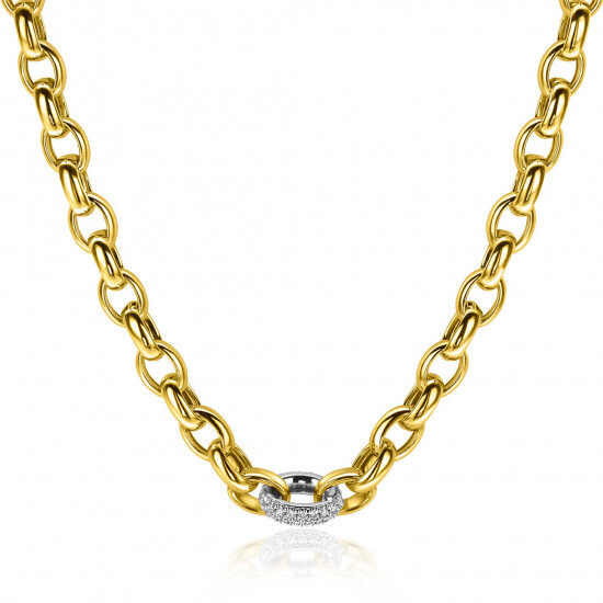 ZINZI gold plated zilveren schakel ketting met een ronde schakel bezet met witte zirkonia's 6mm breed 45cm ZIC2664