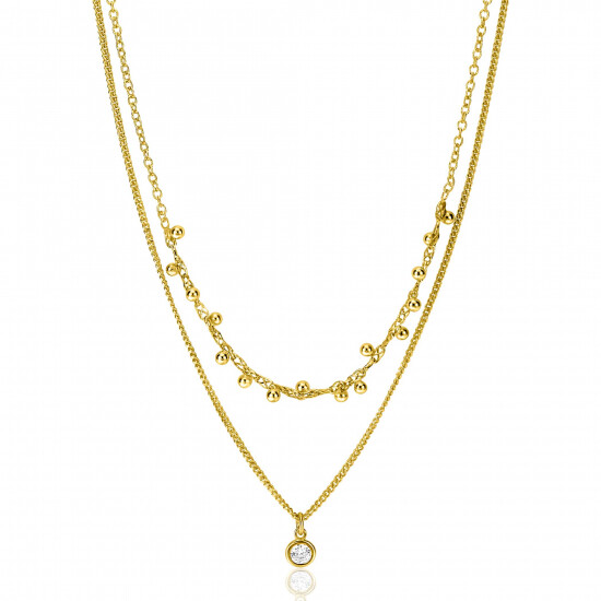 ZINZI gold plated zilveren multilook ketting met ronde zetting witte zirconia en 16 bolletjes 39-42cm ZIC2520Y