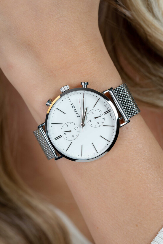 ZINZI watch Traveller witte wijzerplaat stalen kast met stalen mesh 39mm dual time ZIW740M