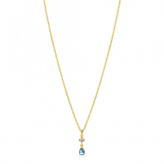 ZINZI gold plated zilveren ketting 42-45cm met luxe peervormige hanger met lichtblauwe kleursteen en witte zirkonia ZIC2744