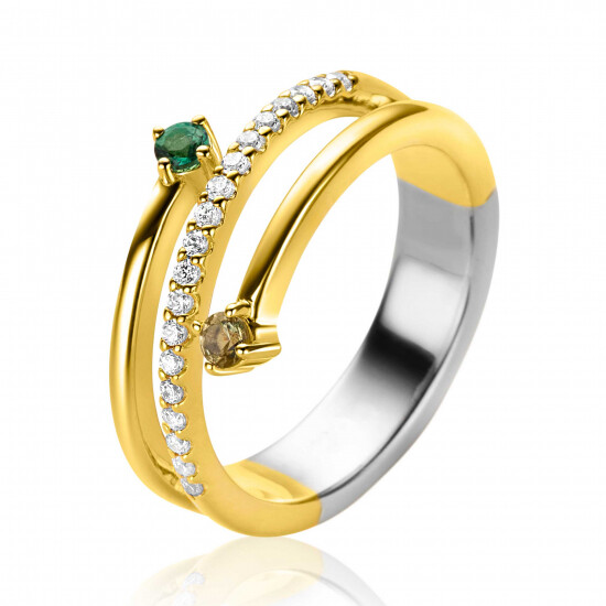 ZINZI gold plated zilveren multi-look ring (9mm breed) met 3 rijen, bezet met groene kleurstenen en witte zirconia's ZIR2646GC