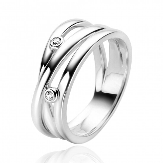 ZINZI zilveren cross-over ring met gladde banen en ronde zettingen met witte zirconia ZIR2571C