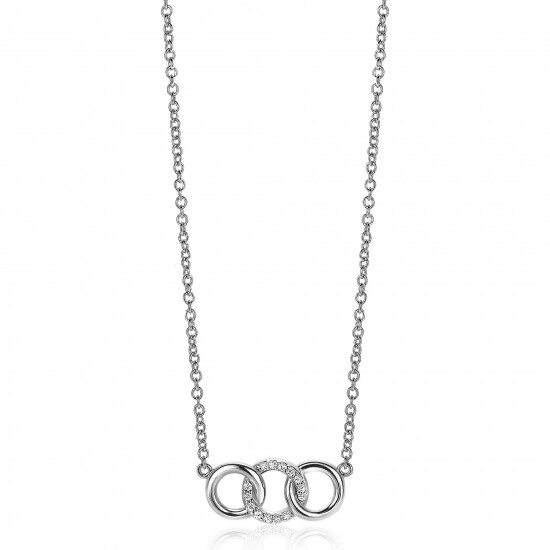 ZINZI zilveren ketting 45cm met 3 open rondjes verbonden wit ZIC2045