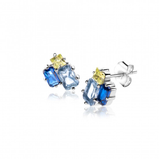 10mm ZINZI zilveren oorstekers rechthoekige vormen, bezet met licht groene en blauwe kleurstenen ZIO2496