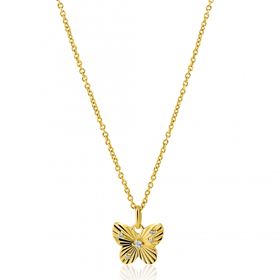 ZINZI gold plated zilveren ketting 42-45cm met vlinder hanger, bezet met witte zirkonia's ZIC2742