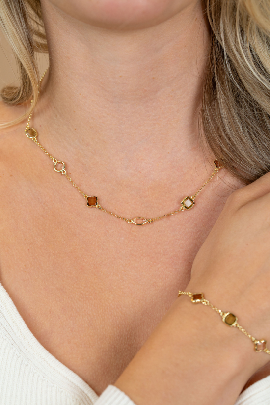 ZINZI gold plated zilveren fantasie collier 45cm met speelse vormen bruin en olijfgroen ZIC2771