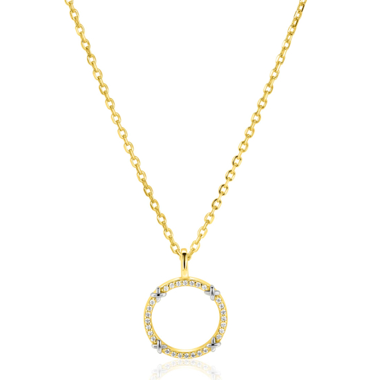 ZINZI goldplated zilveren ketting 45cm met open ronde hanger, verfraaid met X-details en witte zirkonia’s ZIC2814