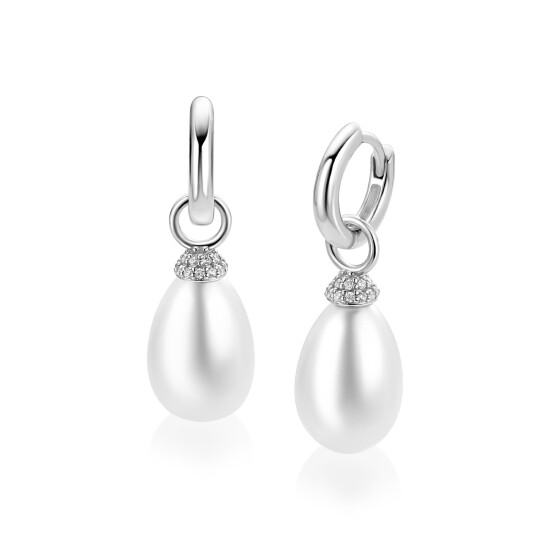 18mm ZINZI zilveren oorbedels met ovaalvormige witte parel en pavé gezette top met witte zirkonia’s ZICH2822 (zonder oorringen)