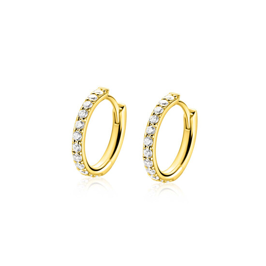 15mm ZINZI gold plated zilveren tennis oorringen bezet met een rij schitterende zirkonia’s, luxe klapsluiting ZIO2881Y