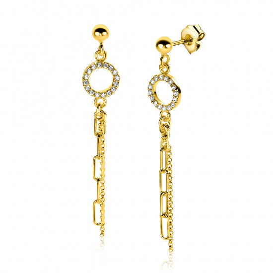 46mm ZINZI gold plated zilveren oorstekers met bungelende paperclip en gourmet schakels, bevestigd aan een open rondje bezet met witte zirconia's ZIO2464Y