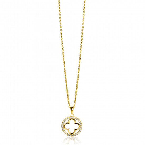 ZINZI gold plated zilveren anker ketting met luxe klaver hanger (15mm) rondom bezet met witte zirconia's 45-48cm ZIC2617Y
