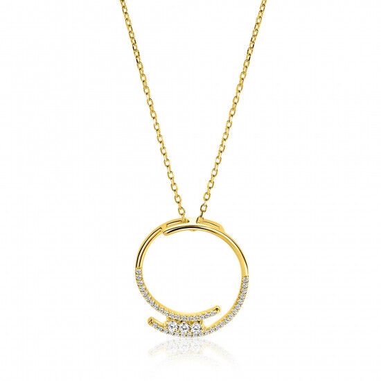 ZINZI gold plated zilveren ketting met grote open ronde hanger 25mm bezet met witte zirkonia's 45-50 cm ZIC2645Y